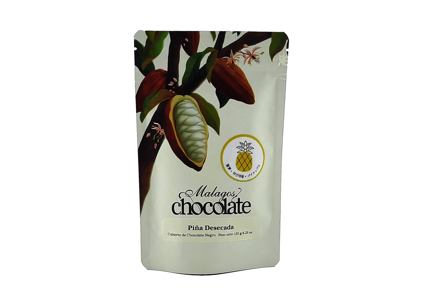 Dried pineapple covered in dark chocolate